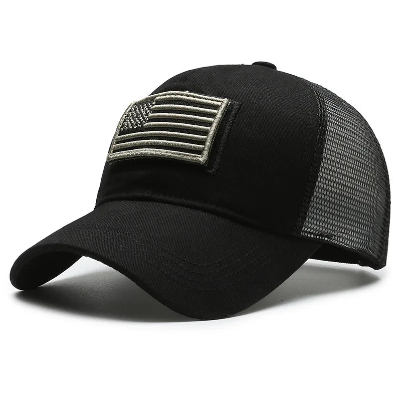 Black Mesh - Backed Baseball Cap with American Flag Patch - Stylish and Patriotic Accessory