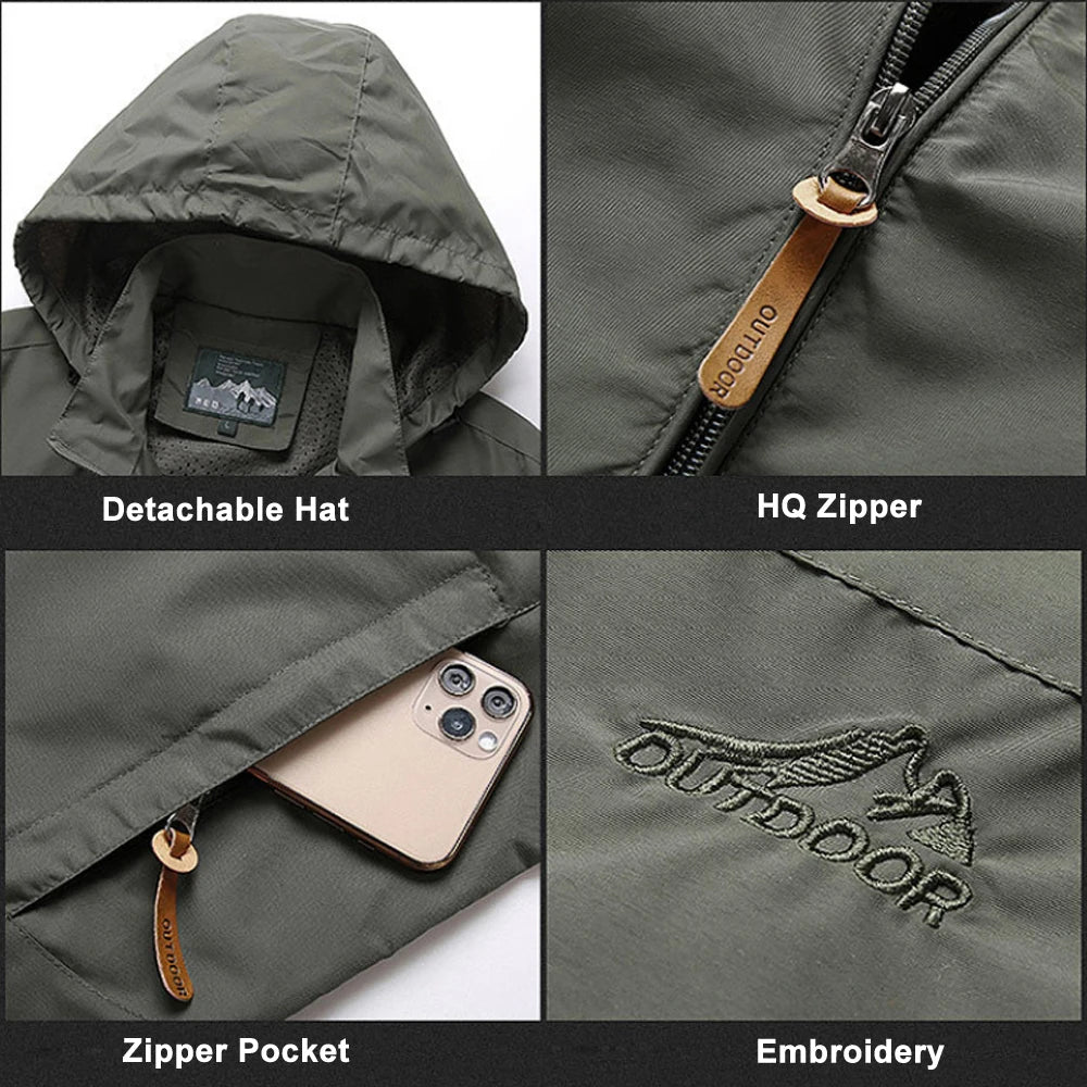 "Men's Tactical Outdoor Windbreaker - Waterproof & Windproof Hooded Jacket"