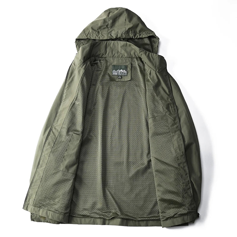 "Men's Tactical Outdoor Windbreaker - Waterproof & Windproof Hooded Jacket"